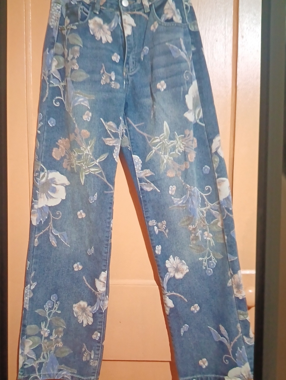 Floral Print Blue Denim Jeans - Women's